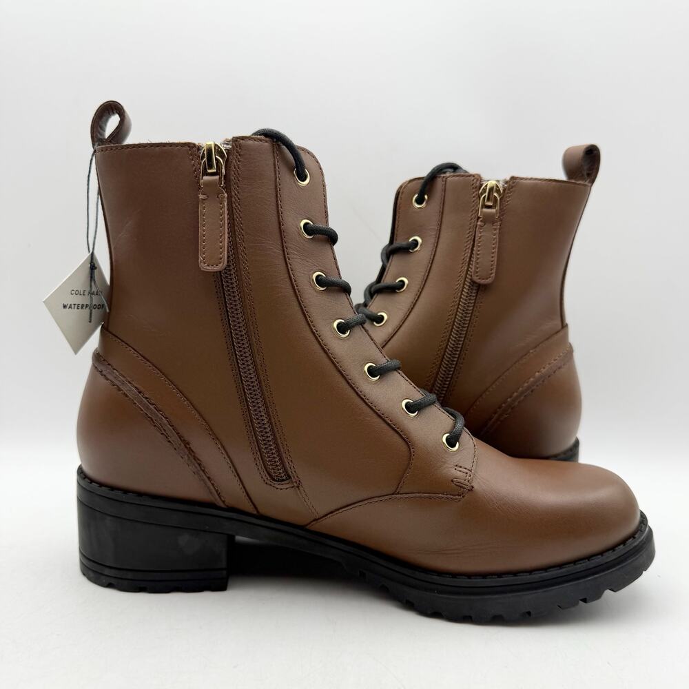 Cole Haan Womens Camea Combat Boots US 7 Brown Leather Zip Side Waterproof NWOB - Picture 4 of 12